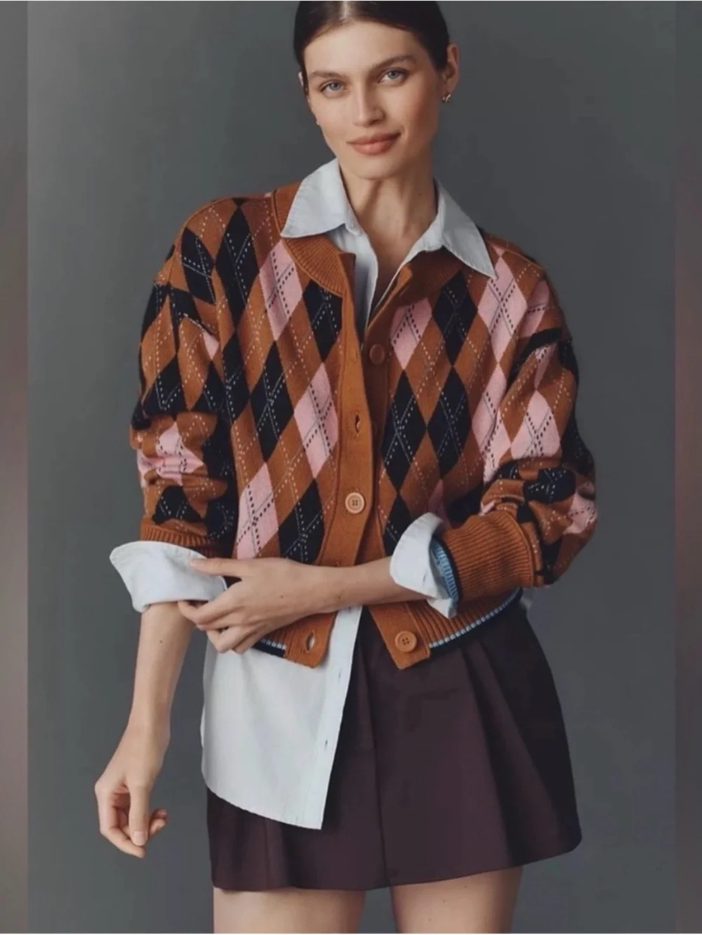 Maeve Brown Black Pink Argyle Cardigan Sweater